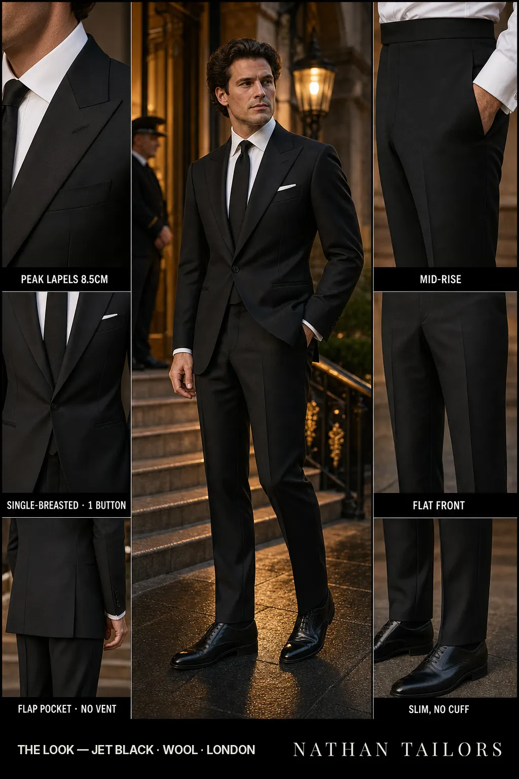 jet black single-breasted peak-lapel bespoke suit โ AI-rendered by Nathan Tailors, the Hoi An custom tailor. Available as a custom tailored suit from $149.