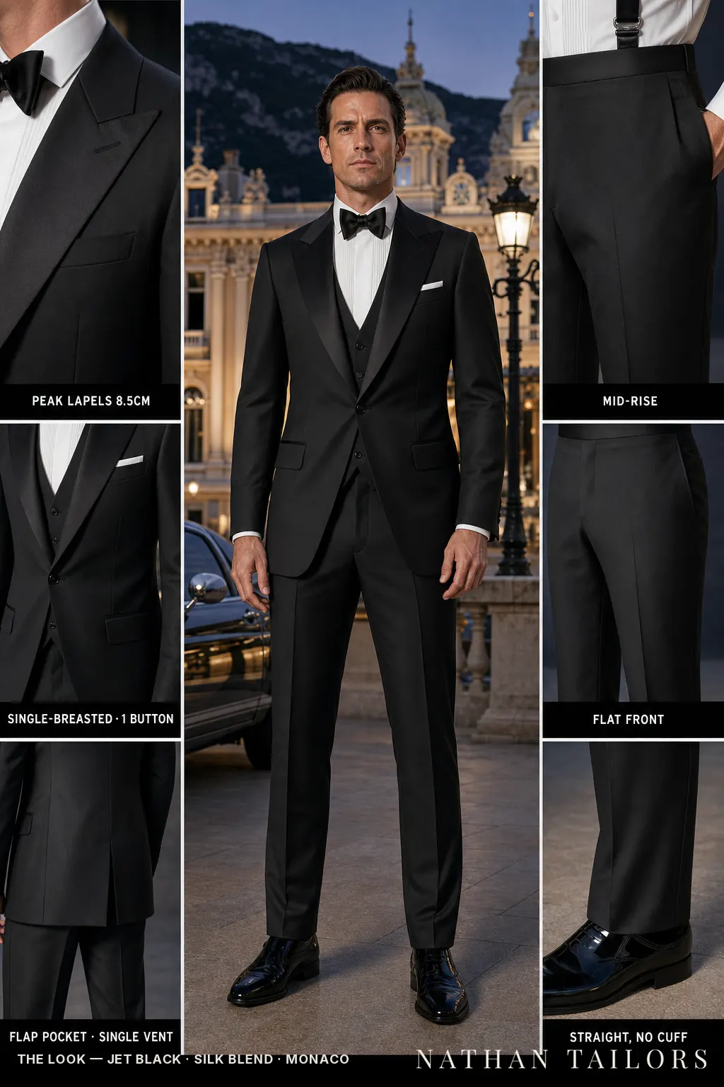 jet black single-breasted peak-lapel bespoke suit โ AI-rendered by Nathan Tailors, the Hoi An custom tailor. Available as a custom tailored suit from $149.