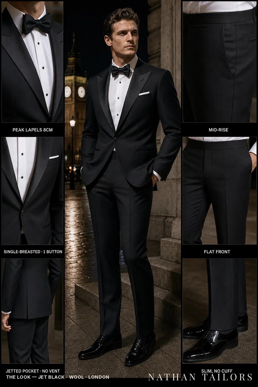 jet black single-breasted peak-lapel bespoke suit โ AI-rendered by Nathan Tailors, the Hoi An custom tailor. Available as a custom tailored suit from $149.