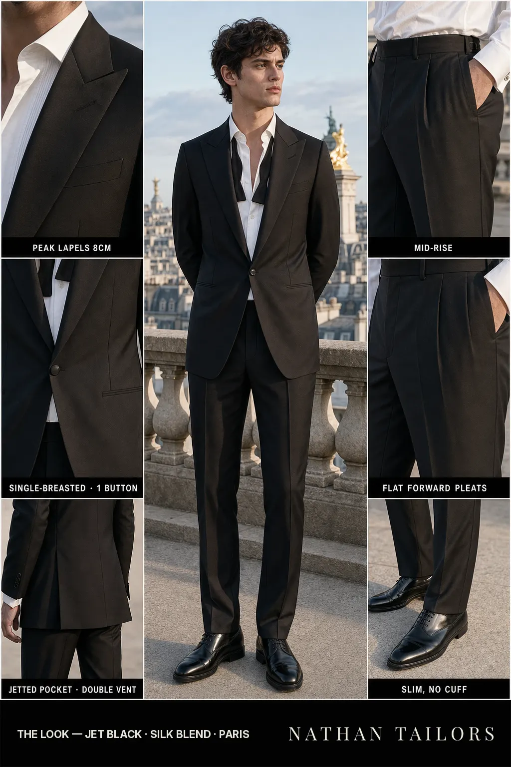 jet black single-breasted peak-lapel bespoke suit — AI-rendered by Nathan Tailors, the Hoi An custom tailor. Available as a custom tailored suit from $149.