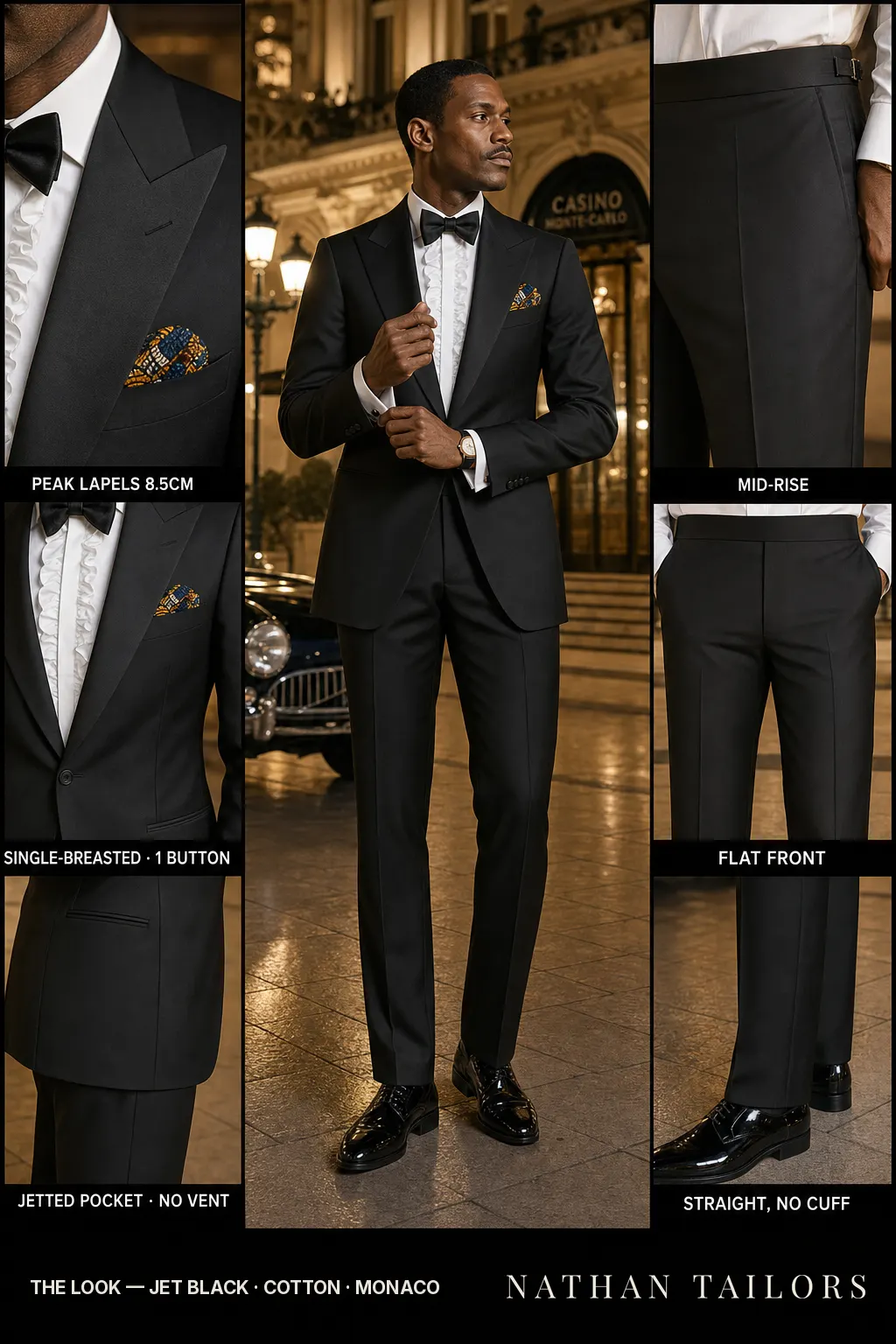 jet black single-breasted peak-lapel bespoke suit โ AI-rendered by Nathan Tailors, the Hoi An custom tailor. Available as a custom tailored suit from $149.