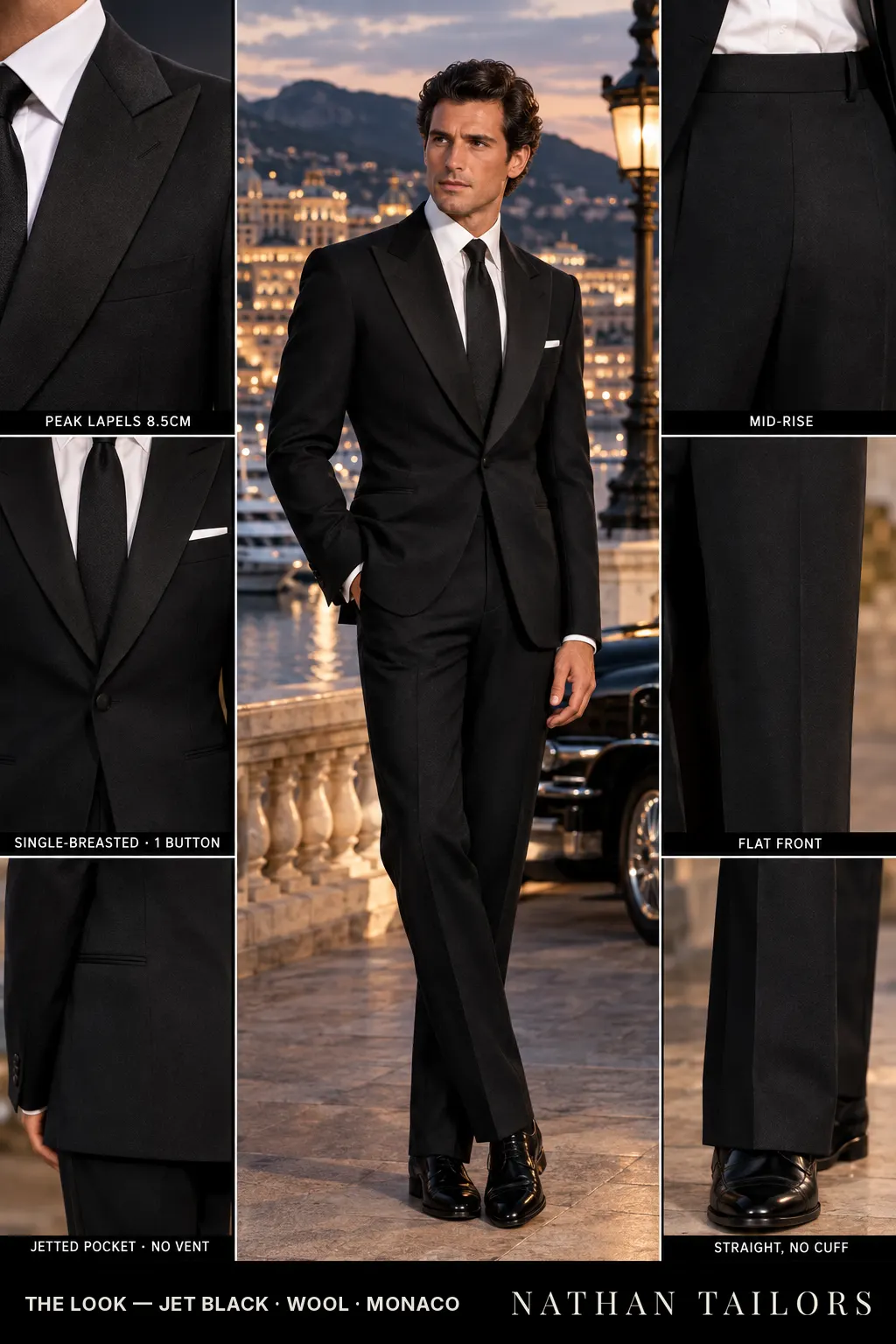 jet black single-breasted peak-lapel bespoke suit โ AI-rendered by Nathan Tailors, the Hoi An custom tailor. Available as a custom tailored suit from $149.