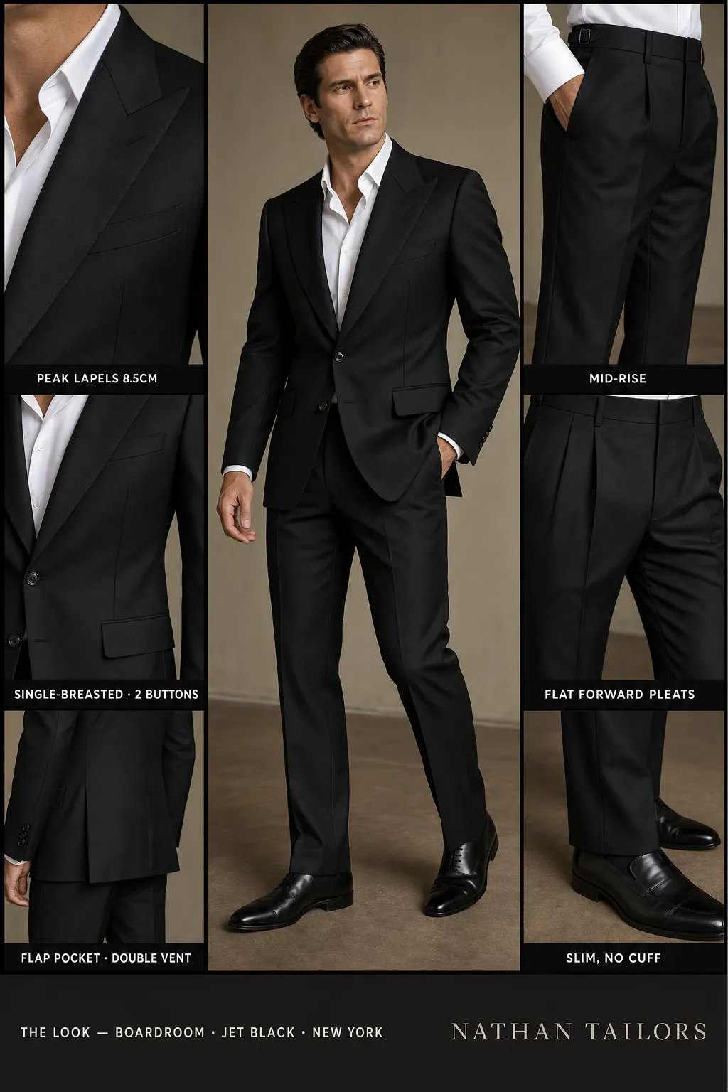 jet black single-breasted peak-lapel bespoke suit โ AI-rendered by Nathan Tailors, the Hoi An custom tailor. Available as a custom tailored suit from $149.