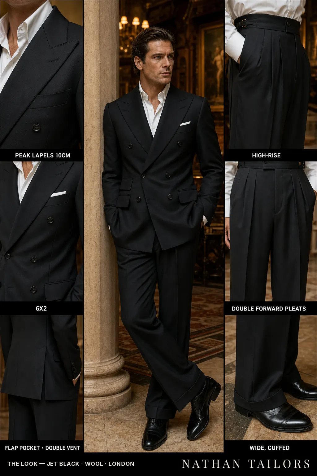 jet black single-breasted peak-lapel bespoke suit — AI-rendered by Nathan Tailors, the Hoi An custom tailor. Available as a custom tailored suit from $149.