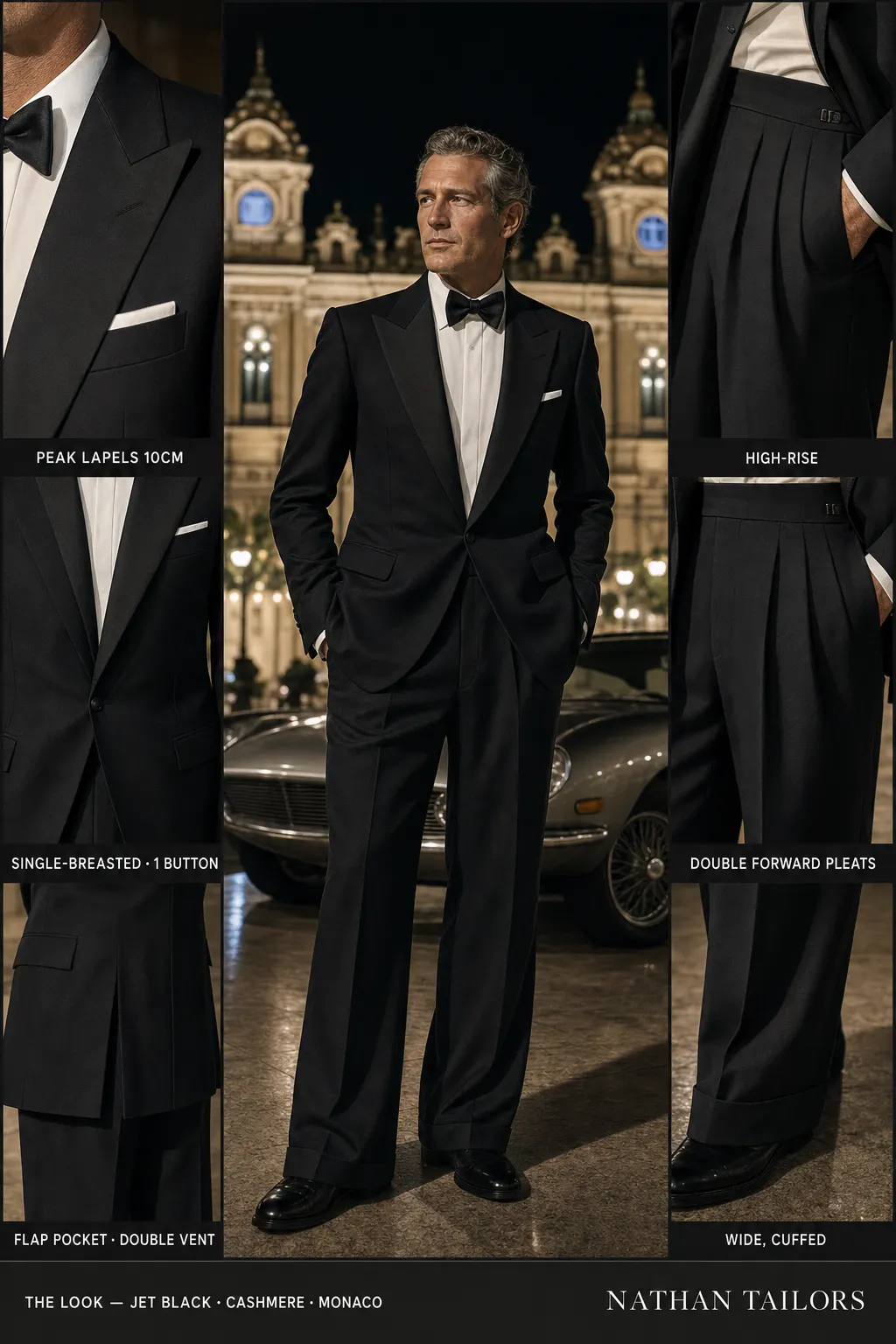 jet black single-breasted peak-lapel bespoke suit โ AI-rendered by Nathan Tailors, the Hoi An custom tailor. Available as a custom tailored suit from $149.