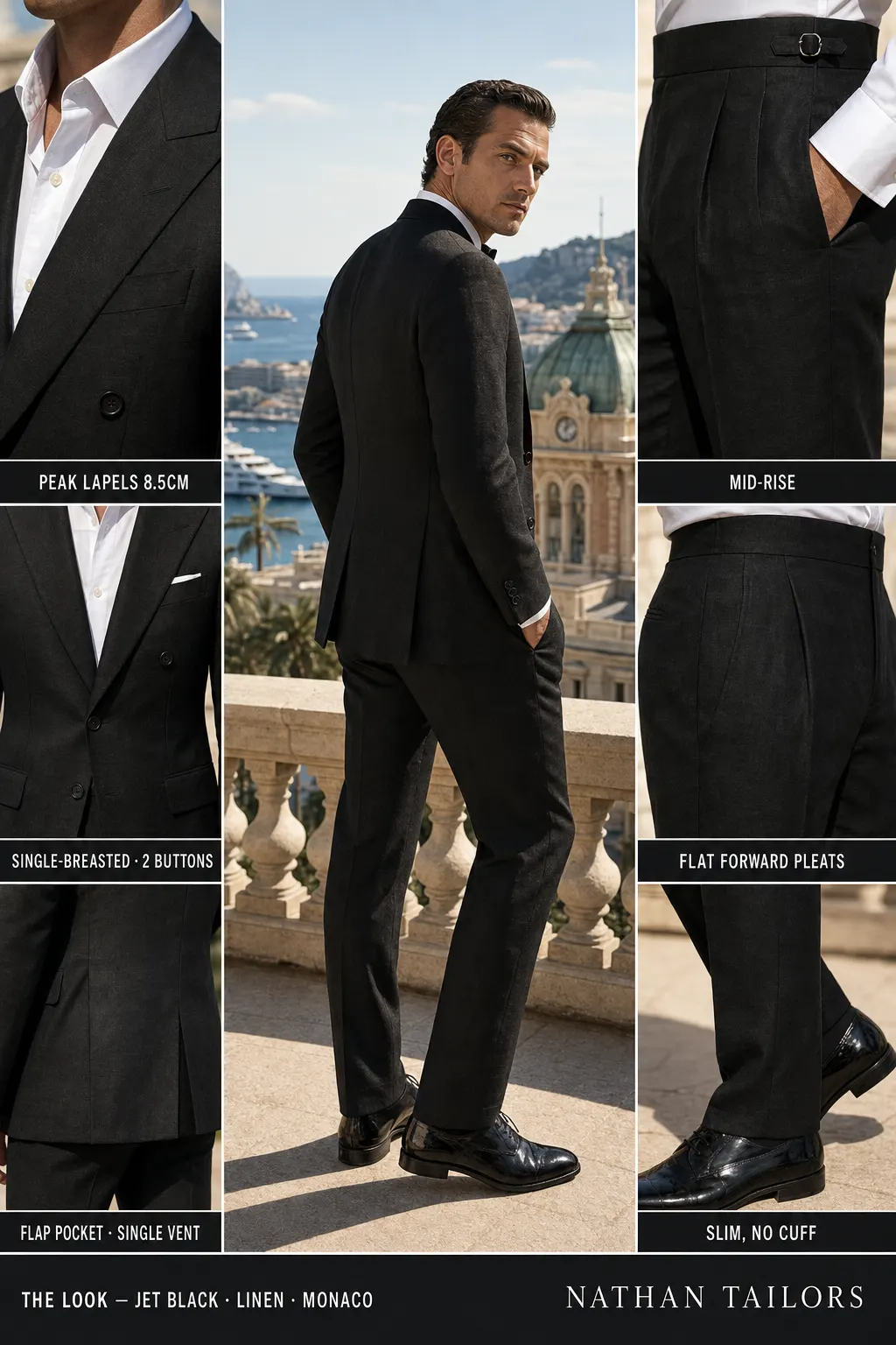 jet black single-breasted peak-lapel bespoke suit — AI-rendered by Nathan Tailors, the Hoi An custom tailor. Available as a custom tailored suit from $149.
