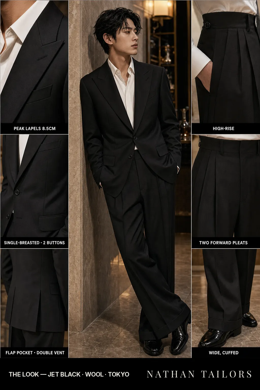 jet black single-breasted peak-lapel bespoke suit — AI-rendered by Nathan Tailors, the Hoi An custom tailor. Available as a custom tailored suit from $149.