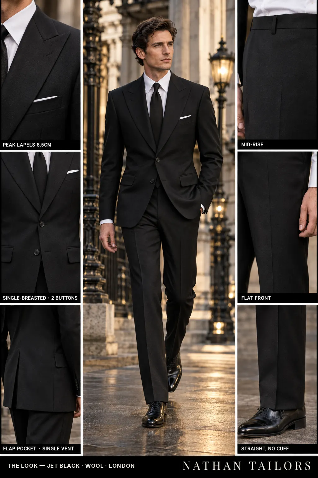 jet black single-breasted bespoke suit โ custom tailored by Nathan Tailors, the Hoi An custom tailor