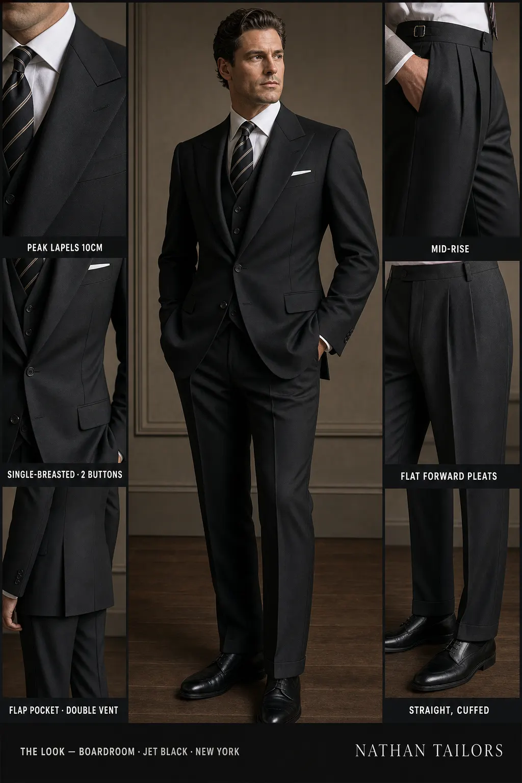 jet black single-breasted peak-lapel bespoke suit โ AI-rendered by Nathan Tailors, the Hoi An custom tailor. Available as a custom tailored suit from $149.