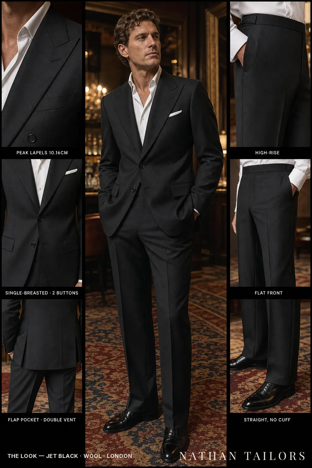 jet black single-breasted peak-lapel bespoke suit — AI-rendered by Nathan Tailors, the Hoi An custom tailor. Available as a custom tailored suit from $149.