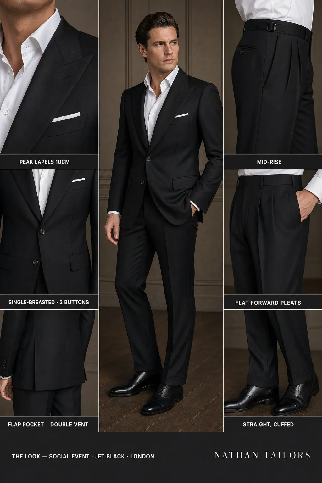 jet black single-breasted peak-lapel bespoke suit — AI-rendered by Nathan Tailors, the Hoi An custom tailor. Available as a custom tailored suit from $149.