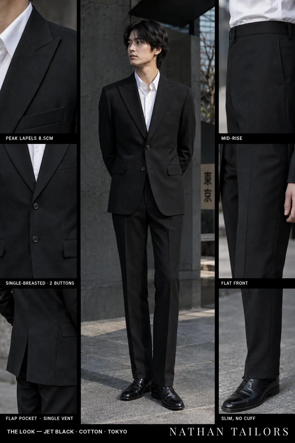jet black single-breasted bespoke suit — custom tailored by Nathan Tailors, the Hoi An custom tailor