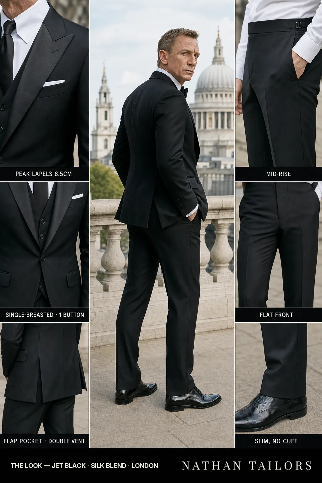 jet black single-breasted peak-lapel bespoke suit — AI-rendered by Nathan Tailors, the Hoi An custom tailor. Available as a custom tailored suit from $169.