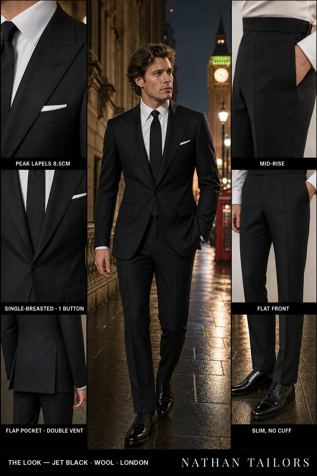 jet black single-breasted bespoke suit — custom tailored by Nathan Tailors, the Hoi An custom tailor