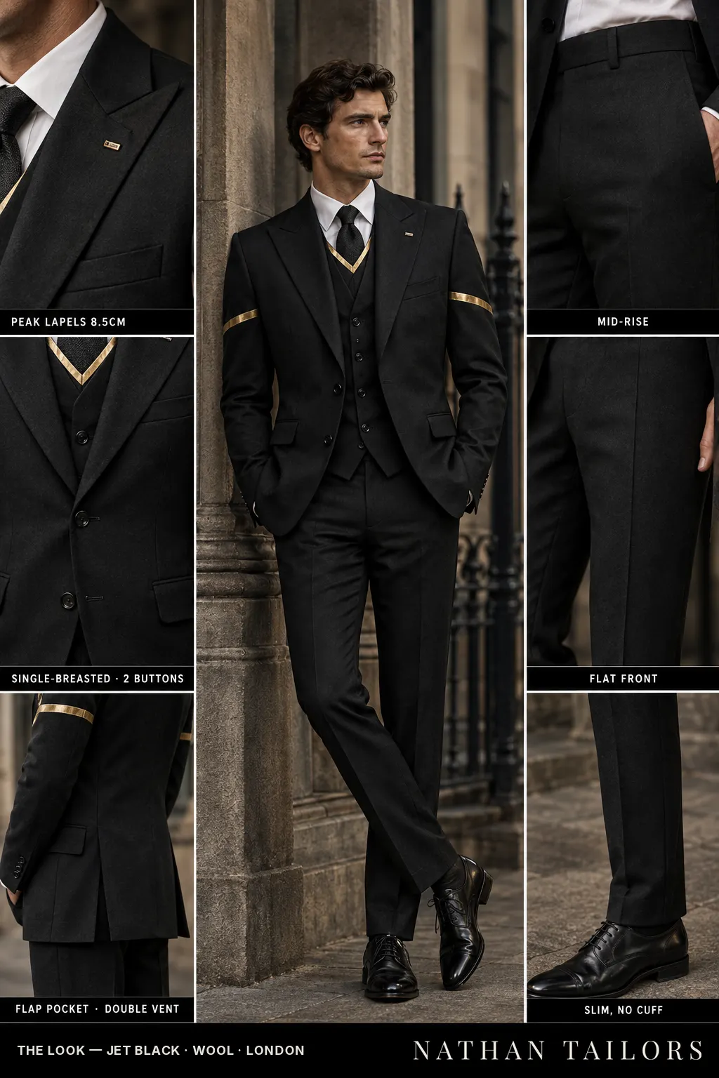 jet black single-breasted bespoke suit โ custom tailored by Nathan Tailors, the Hoi An custom tailor