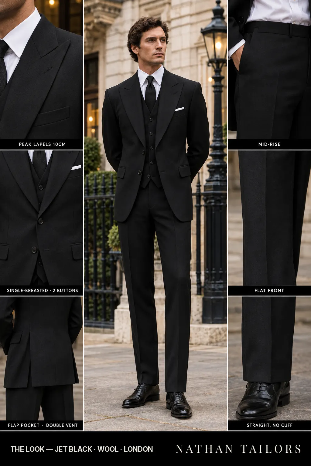 jet black single-breasted bespoke suit โ custom tailored by Nathan Tailors, the Hoi An custom tailor