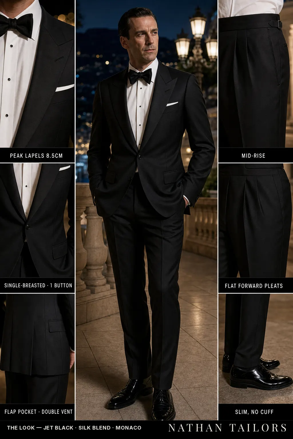 jet black single-breasted peak-lapel bespoke suit — AI-rendered by Nathan Tailors, the Hoi An custom tailor. Available as a custom tailored suit from $149.
