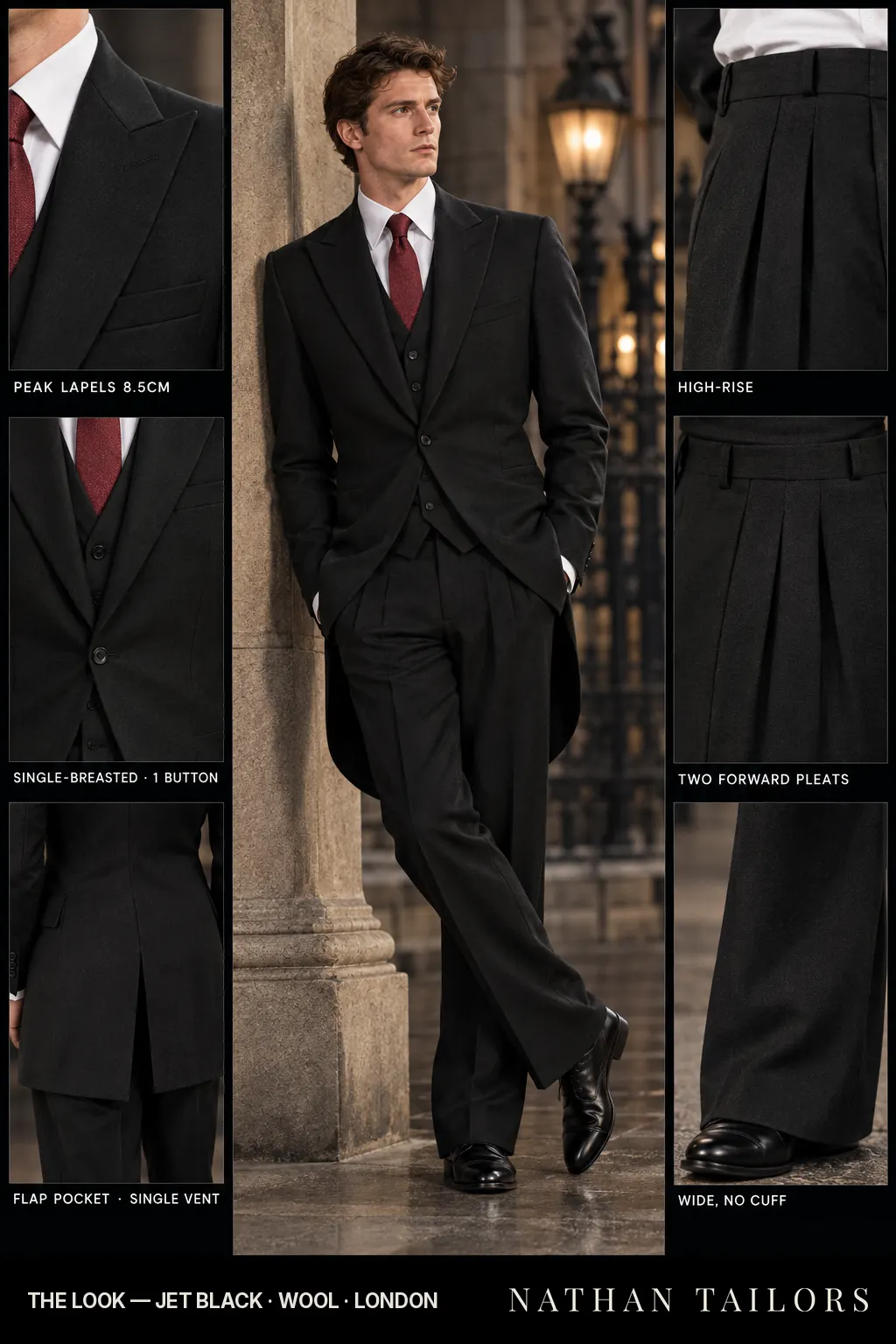 jet black single-breasted bespoke suit โ custom tailored by Nathan Tailors, the Hoi An custom tailor