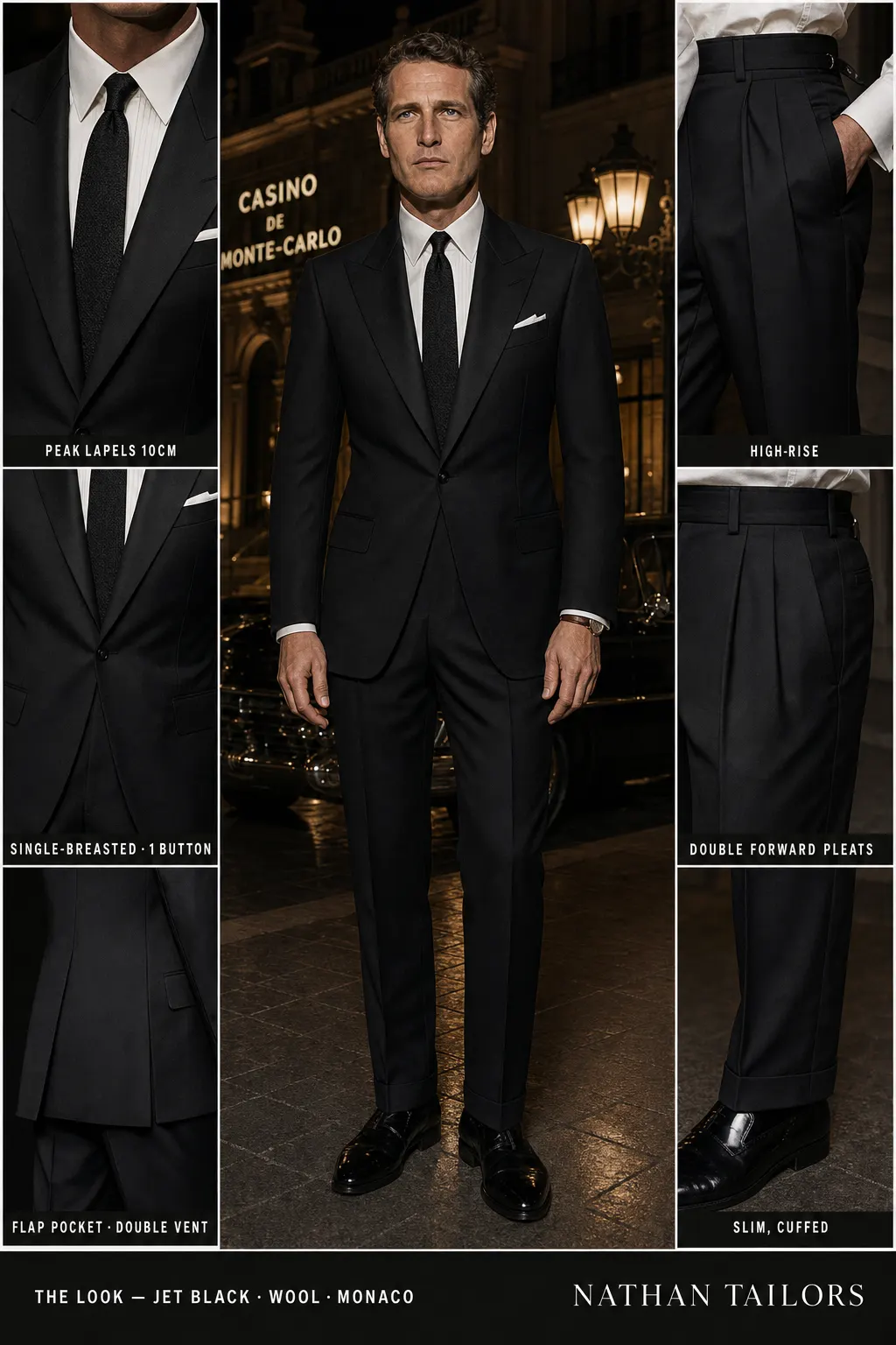 jet black single-breasted peak-lapel bespoke suit — AI-rendered by Nathan Tailors, the Hoi An custom tailor. Available as a custom tailored suit from $149.