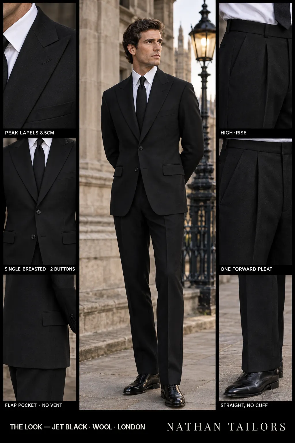 jet black single-breasted peak-lapel bespoke suit โ AI-rendered by Nathan Tailors, the Hoi An custom tailor. Available as a custom tailored suit from $149.