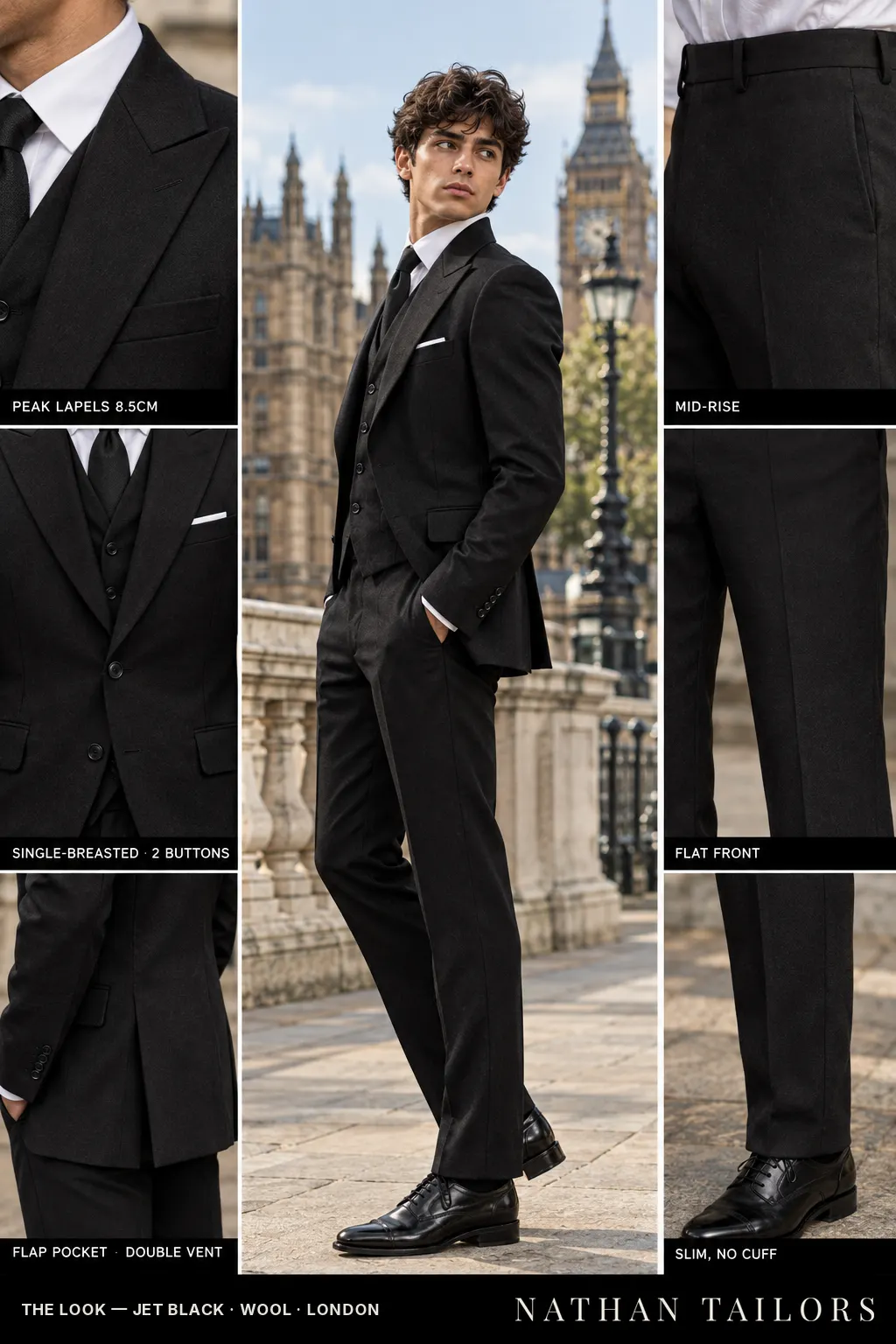 jet black single-breasted bespoke suit โ custom tailored by Nathan Tailors, the Hoi An custom tailor