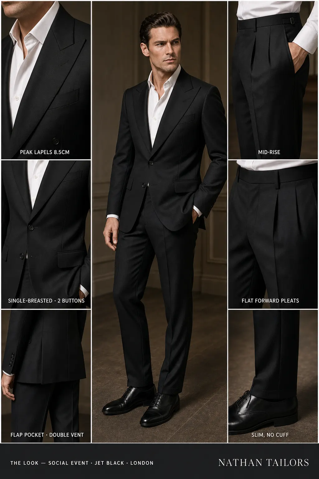 jet black single-breasted peak-lapel bespoke suit โ AI-rendered by Nathan Tailors, the Hoi An custom tailor. Available as a custom tailored suit from $149.