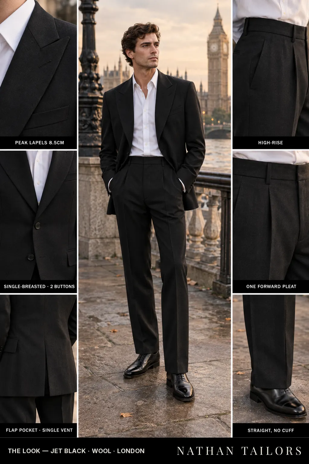 jet black single-breasted bespoke suit — custom tailored by Nathan Tailors, the Hoi An custom tailor