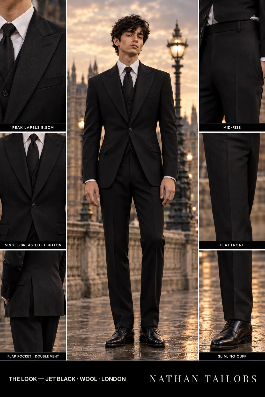 jet black single-breasted bespoke suit โ custom tailored by Nathan Tailors, the Hoi An custom tailor