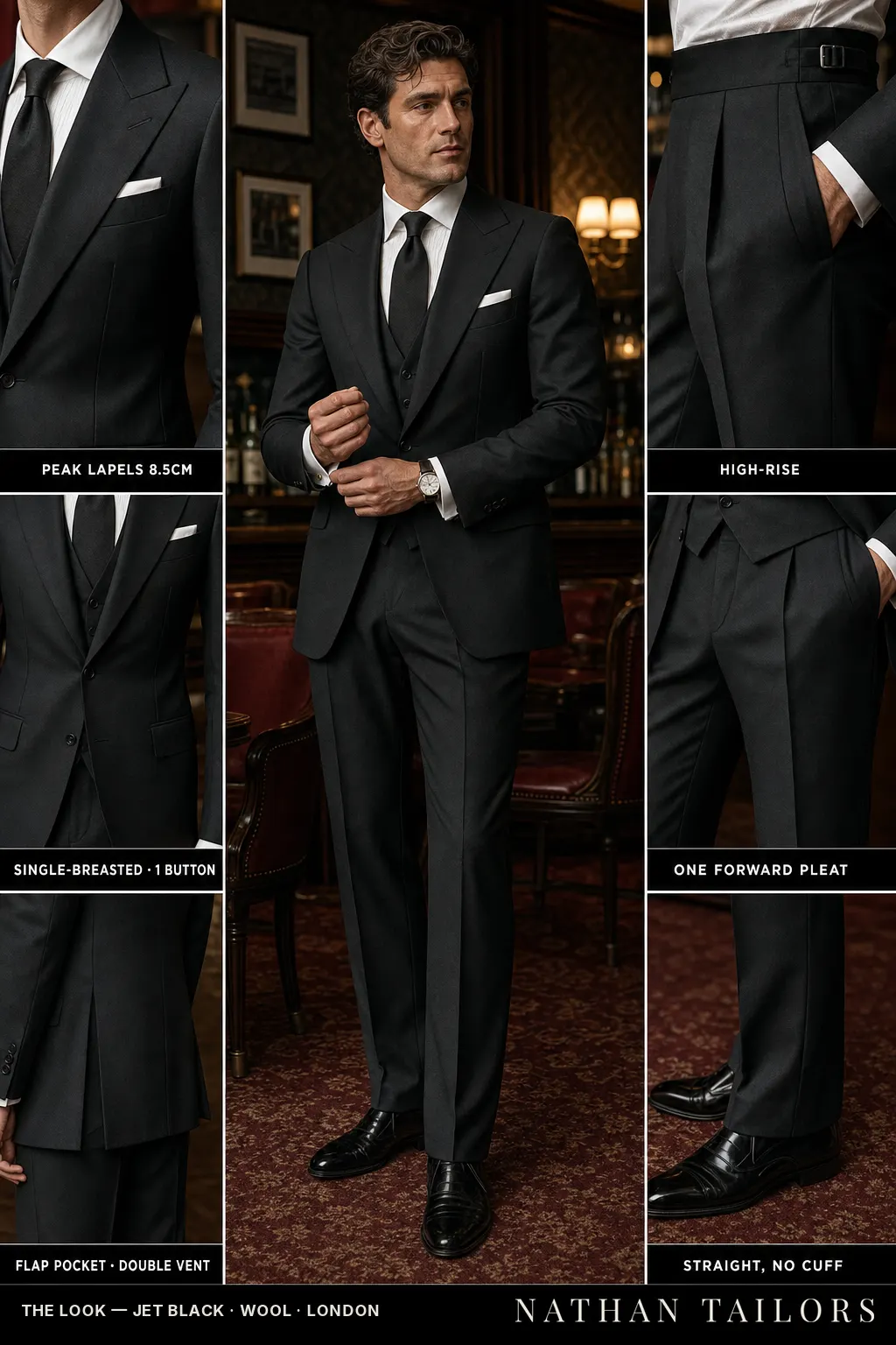 jet black single-breasted bespoke suit โ custom tailored by Nathan Tailors, the Hoi An custom tailor