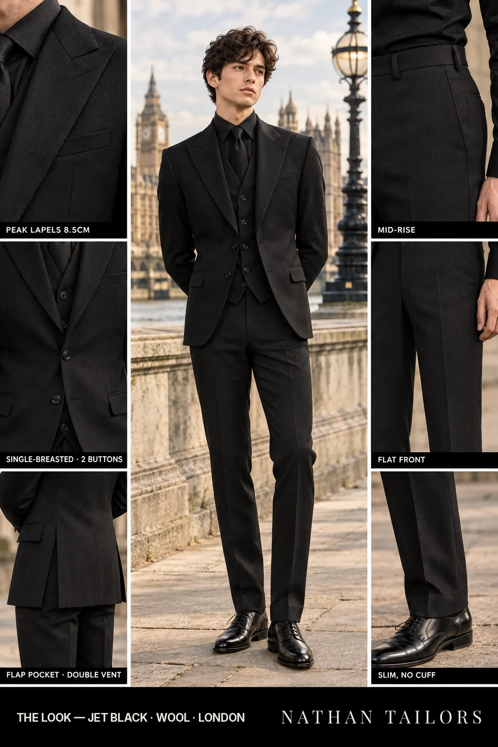 jet black single-breasted bespoke suit โ custom tailored by Nathan Tailors, the Hoi An custom tailor