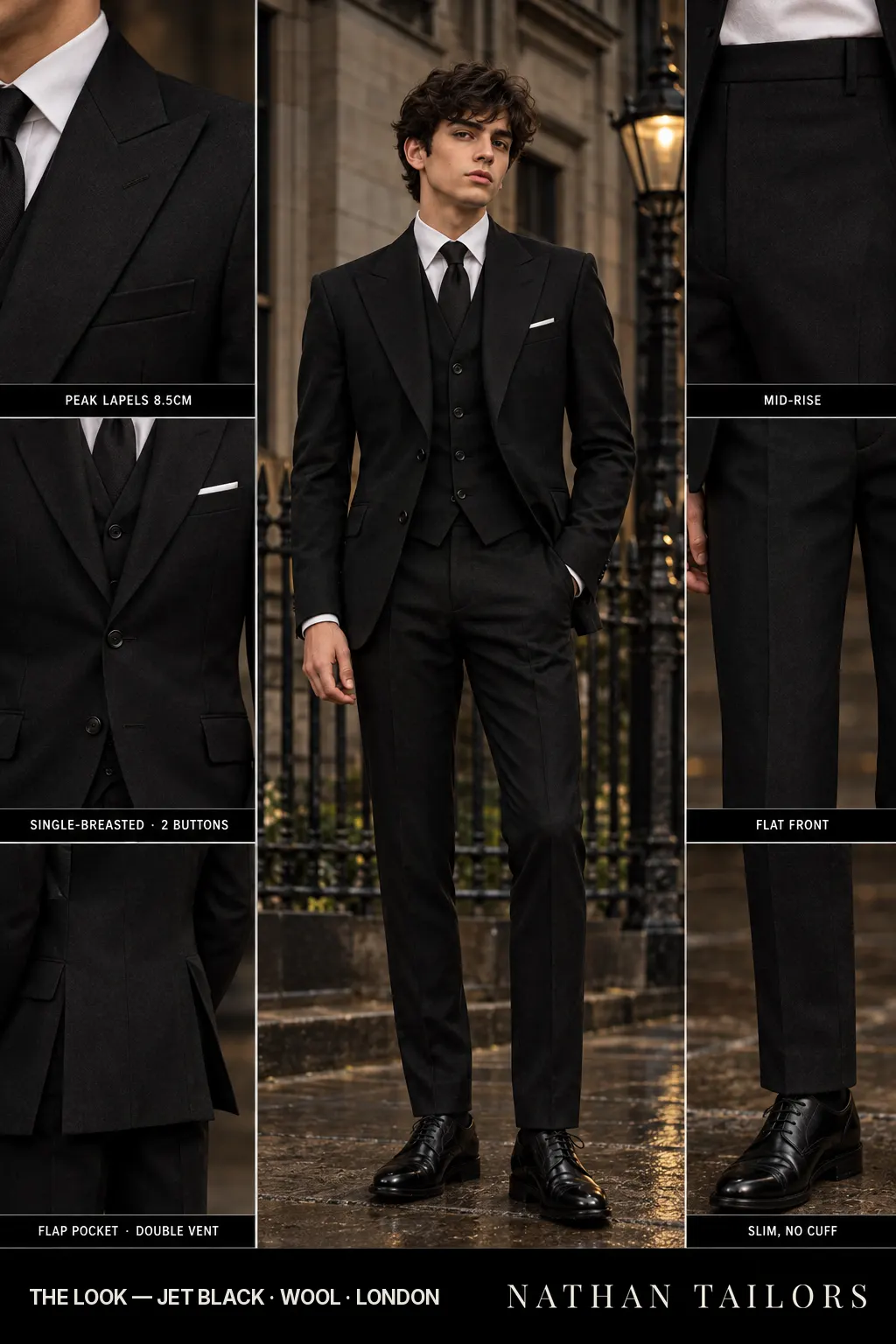 jet black single-breasted peak-lapel bespoke suit — AI-rendered by Nathan Tailors, the Hoi An custom tailor. Available as a custom tailored suit from $169.