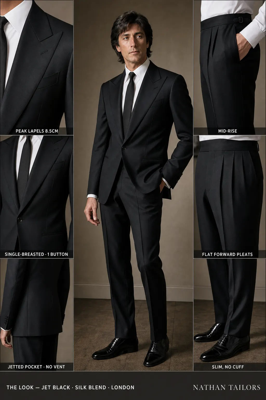 jet black single-breasted peak-lapel bespoke suit — AI-rendered by Nathan Tailors, the Hoi An custom tailor. Available as a custom tailored suit from $149.