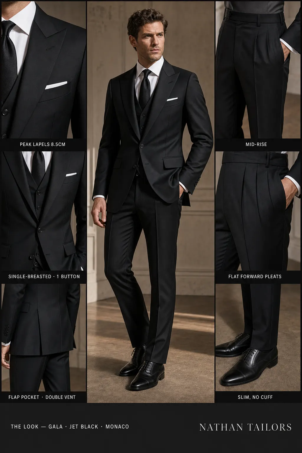 jet black single-breasted peak-lapel bespoke suit — AI-rendered by Nathan Tailors, the Hoi An custom tailor. Available as a custom tailored suit from $149.