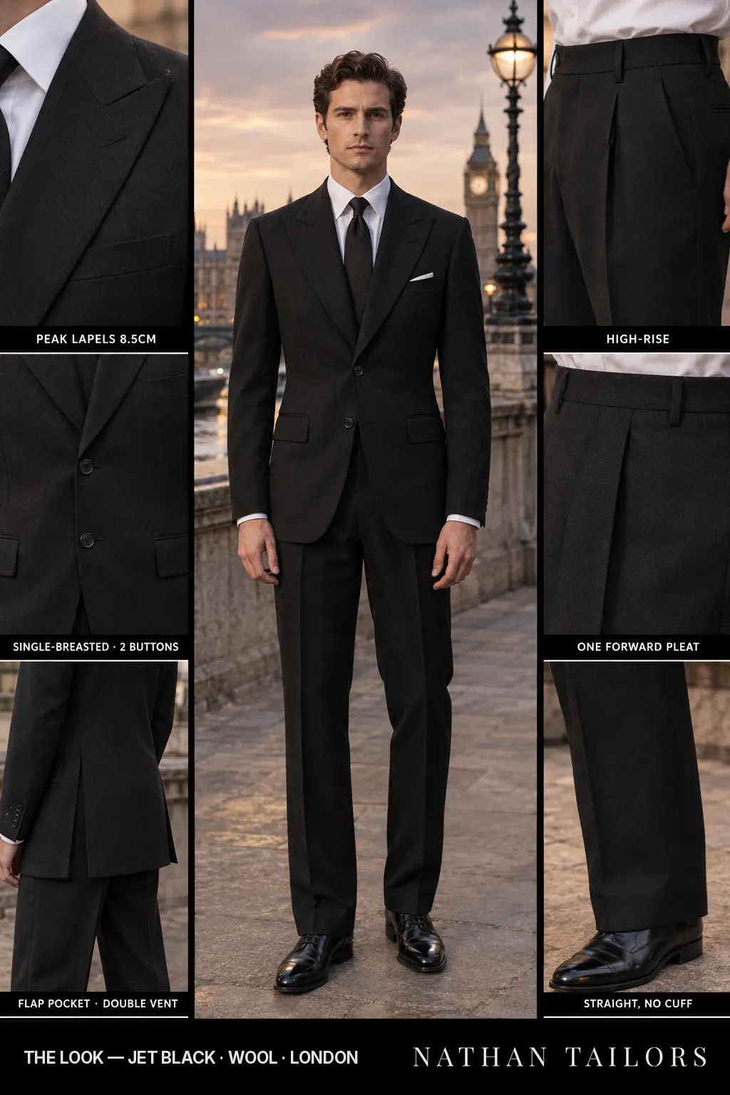 jet black single-breasted bespoke suit — custom tailored by Nathan Tailors, the Hoi An custom tailor