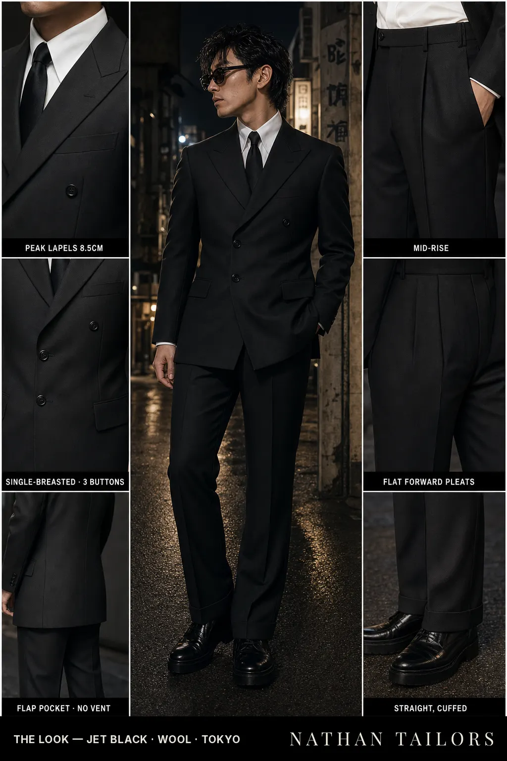 jet black single-breasted peak-lapel bespoke suit — AI-rendered by Nathan Tailors, the Hoi An custom tailor. Available as a custom tailored suit from $149.