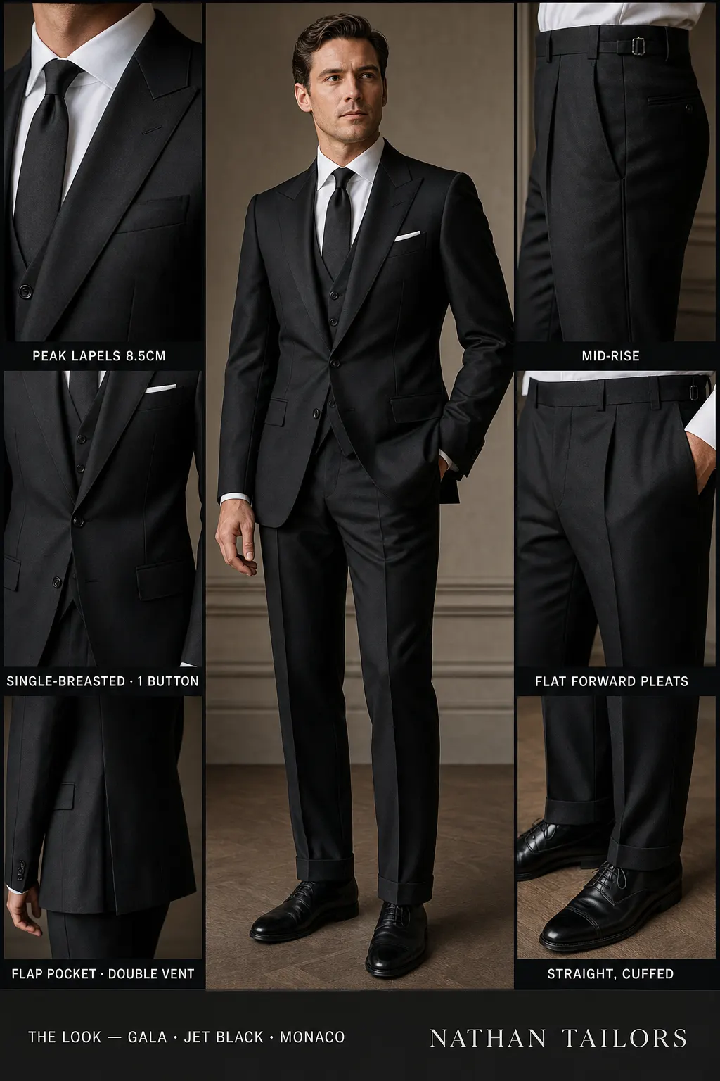 jet black single-breasted peak-lapel bespoke suit โ AI-rendered by Nathan Tailors, the Hoi An custom tailor. Available as a custom tailored suit from $149.