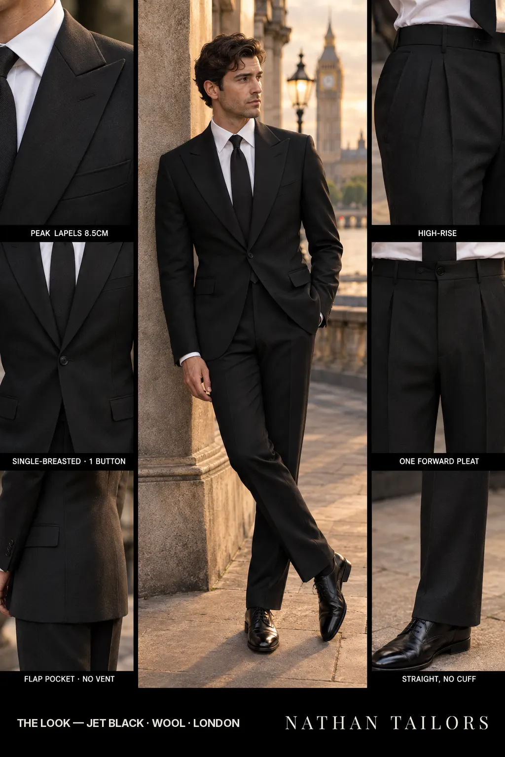 jet black single-breasted bespoke suit โ custom tailored by Nathan Tailors, the Hoi An custom tailor