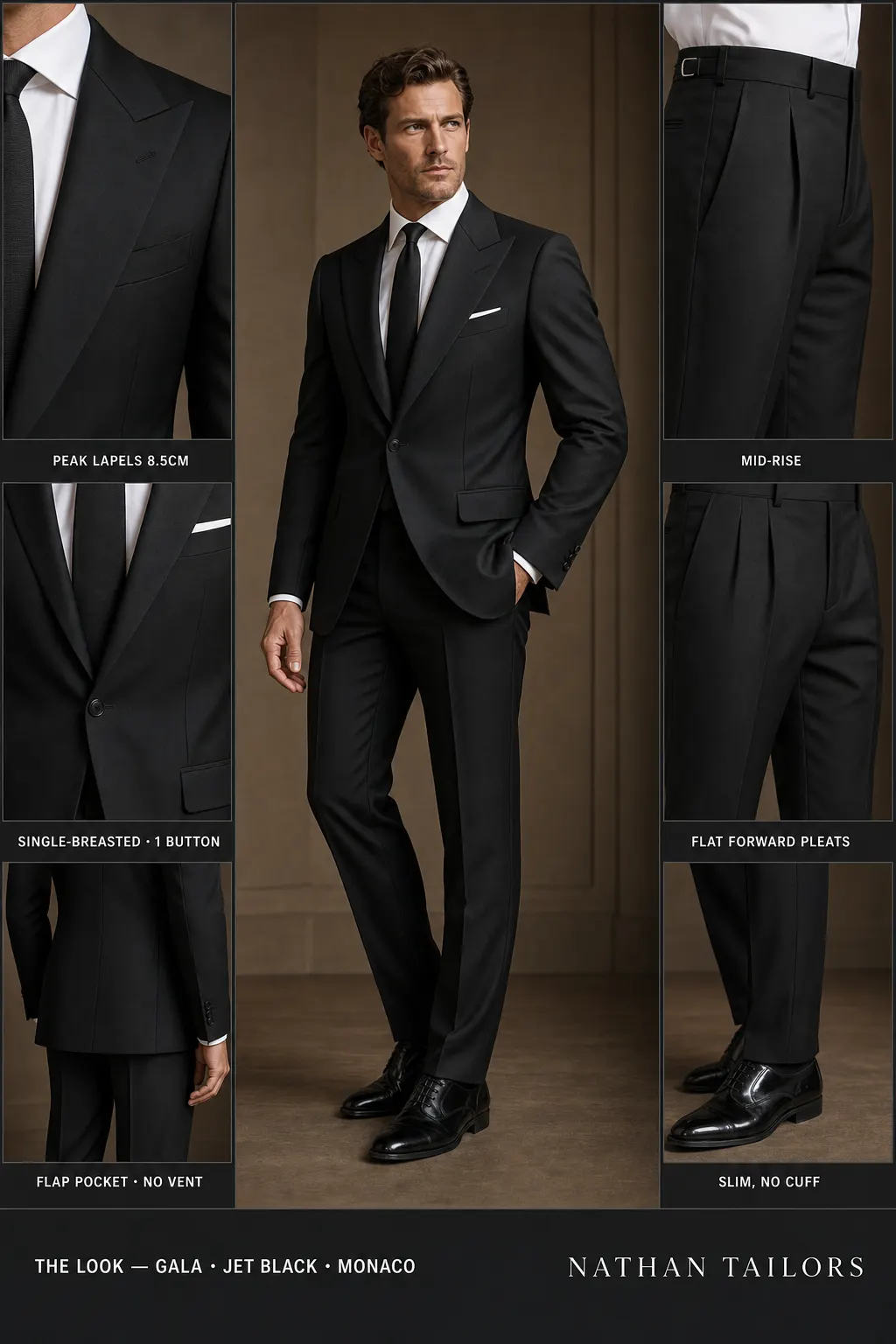 jet black single-breasted peak-lapel bespoke suit โ AI-rendered by Nathan Tailors, the Hoi An custom tailor. Available as a custom tailored suit from $149.
