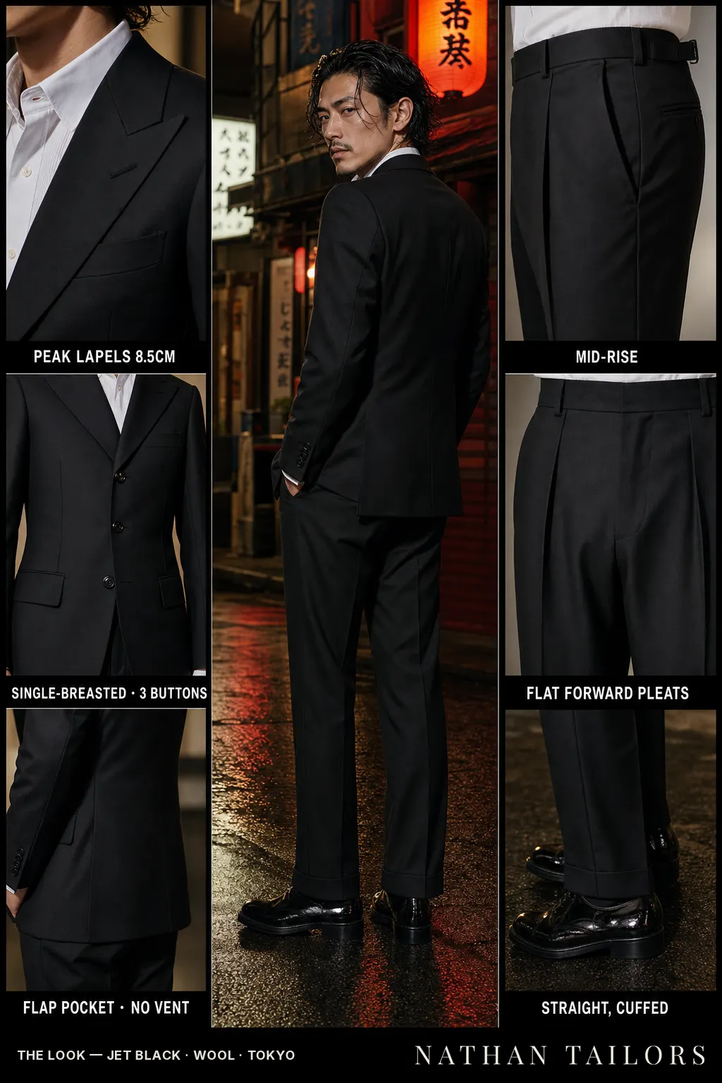 jet black single-breasted peak-lapel bespoke suit — AI-rendered by Nathan Tailors, the Hoi An custom tailor. Available as a custom tailored suit from $149.