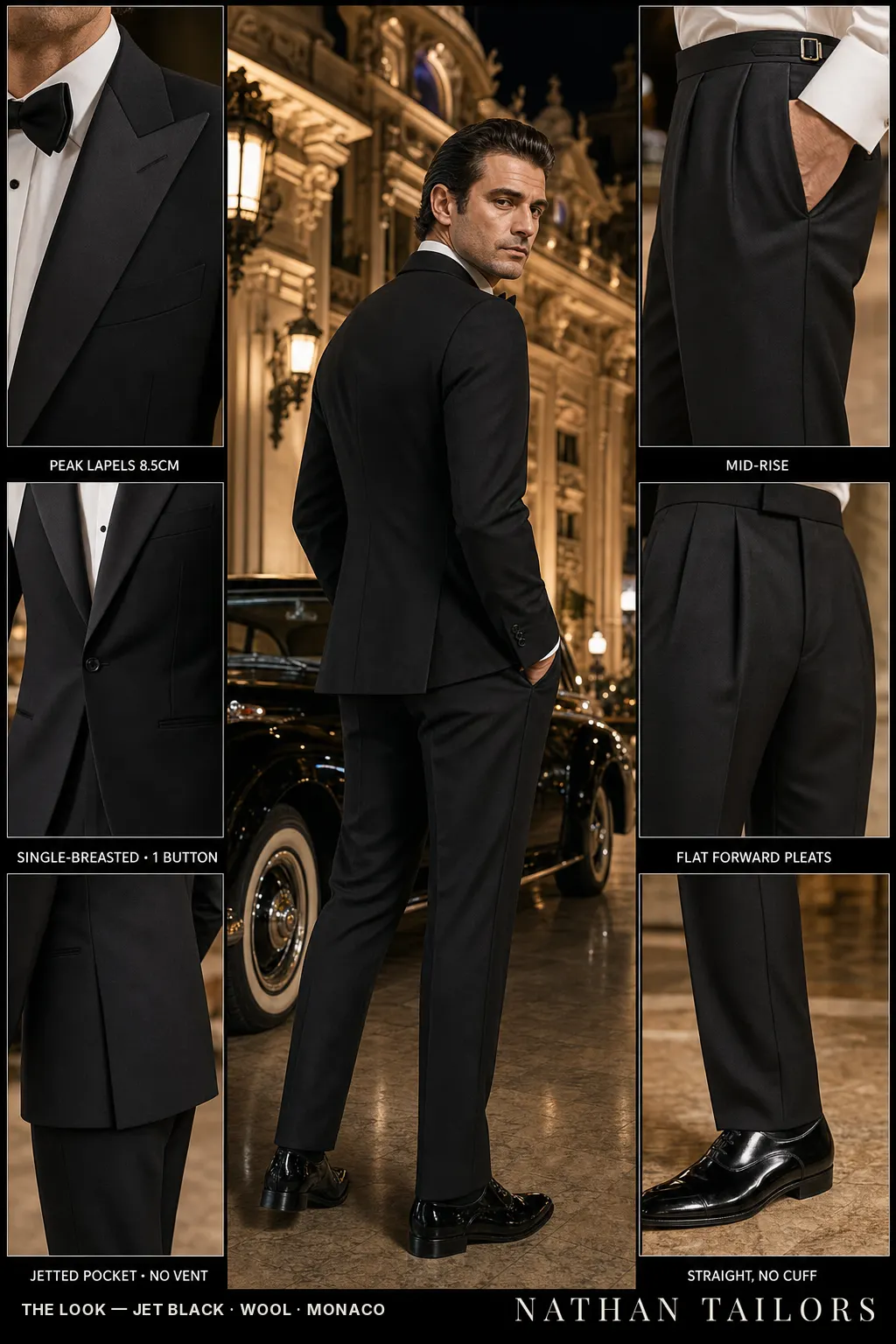 jet black single-breasted peak-lapel bespoke suit — AI-rendered by Nathan Tailors, the Hoi An custom tailor. Available as a custom tailored suit from $149.