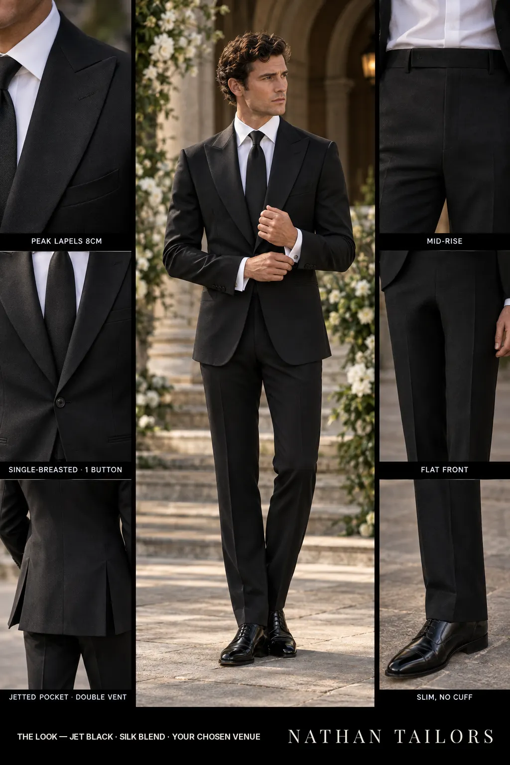 jet black single-breasted bespoke suit โ custom tailored by Nathan Tailors, the Hoi An custom tailor