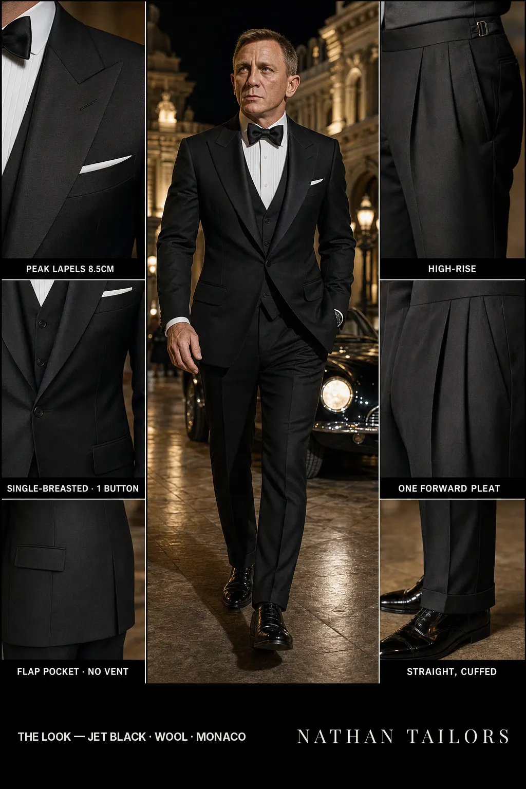 jet black single-breasted bespoke suit โ custom tailored by Nathan Tailors, the Hoi An custom tailor