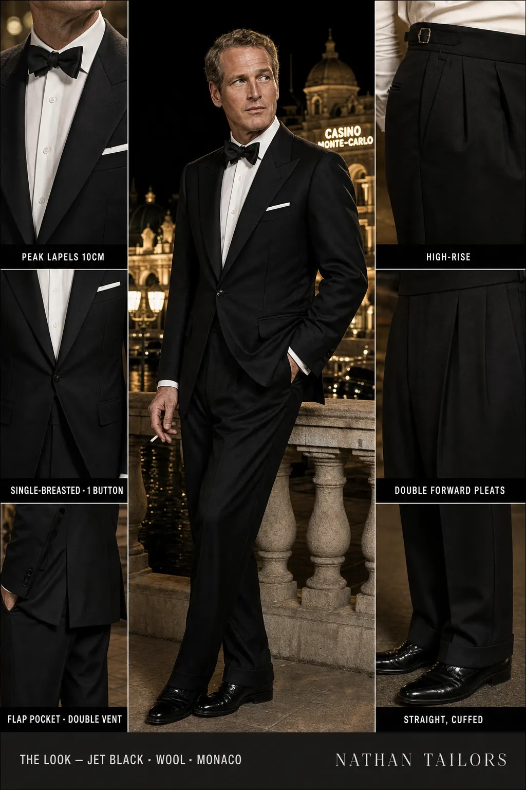 jet black single-breasted peak-lapel bespoke suit โ AI-rendered by Nathan Tailors, the Hoi An custom tailor. Available as a custom tailored suit from $149.