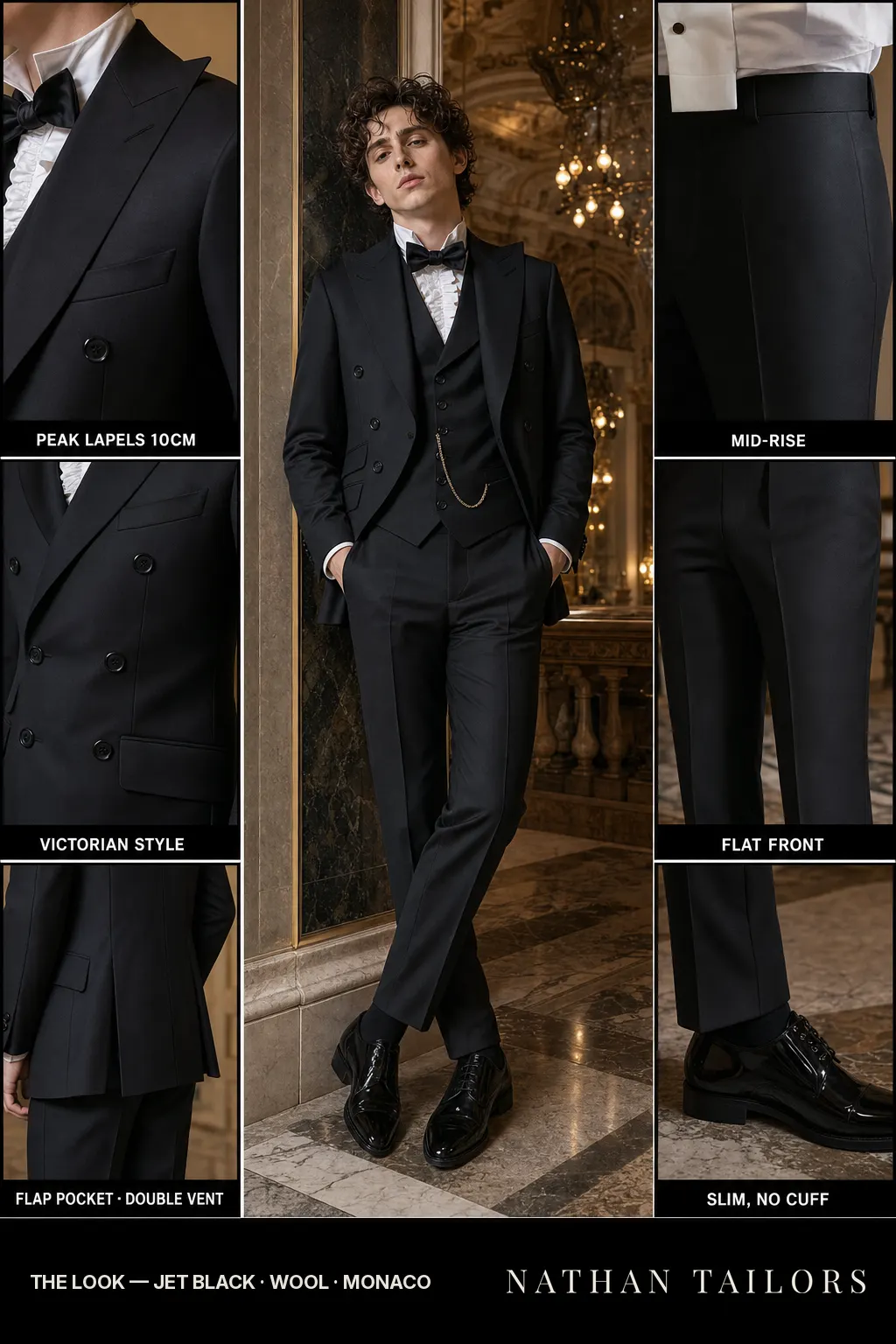 jet black single-breasted peak-lapel bespoke suit โ AI-rendered by Nathan Tailors, the Hoi An custom tailor. Available as a custom tailored suit from $149.