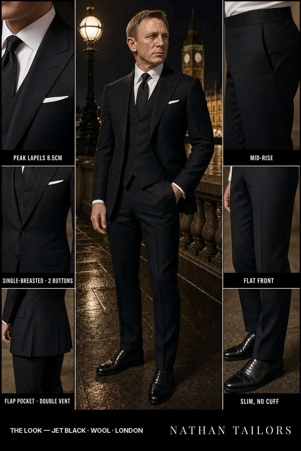 jet black single-breasted peak-lapel bespoke suit — AI-rendered by Nathan Tailors, the Hoi An custom tailor. Available as a custom tailored suit from $149.