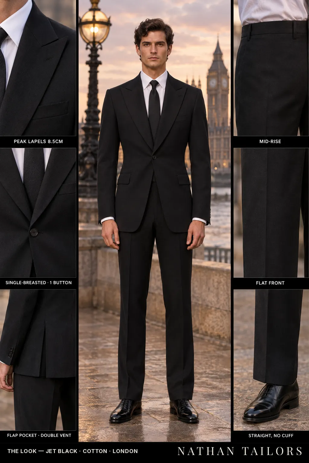 jet black single-breasted bespoke suit — custom tailored by Nathan Tailors, the Hoi An custom tailor