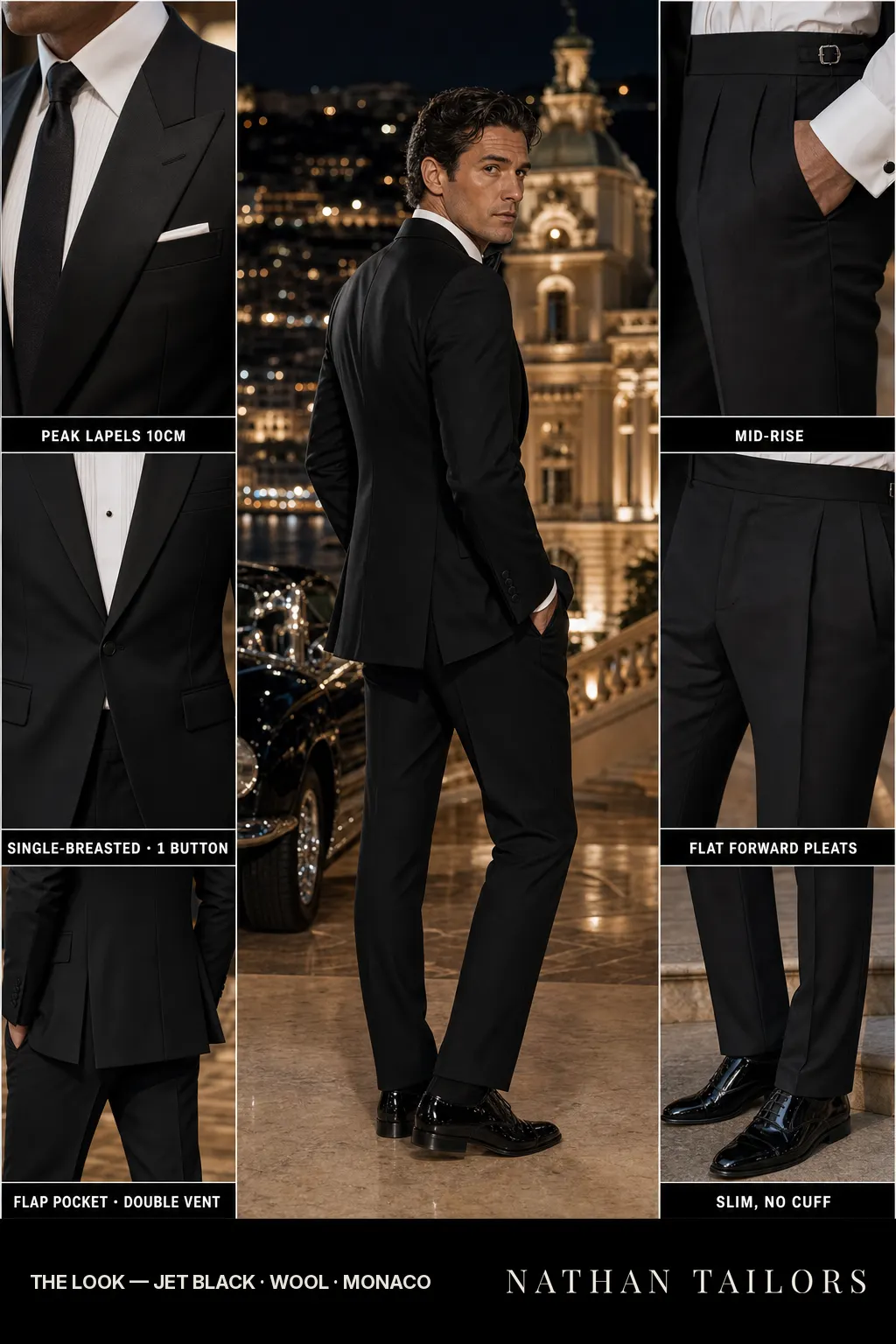 jet black single-breasted peak-lapel bespoke suit โ AI-rendered by Nathan Tailors, the Hoi An custom tailor. Available as a custom tailored suit from $149.