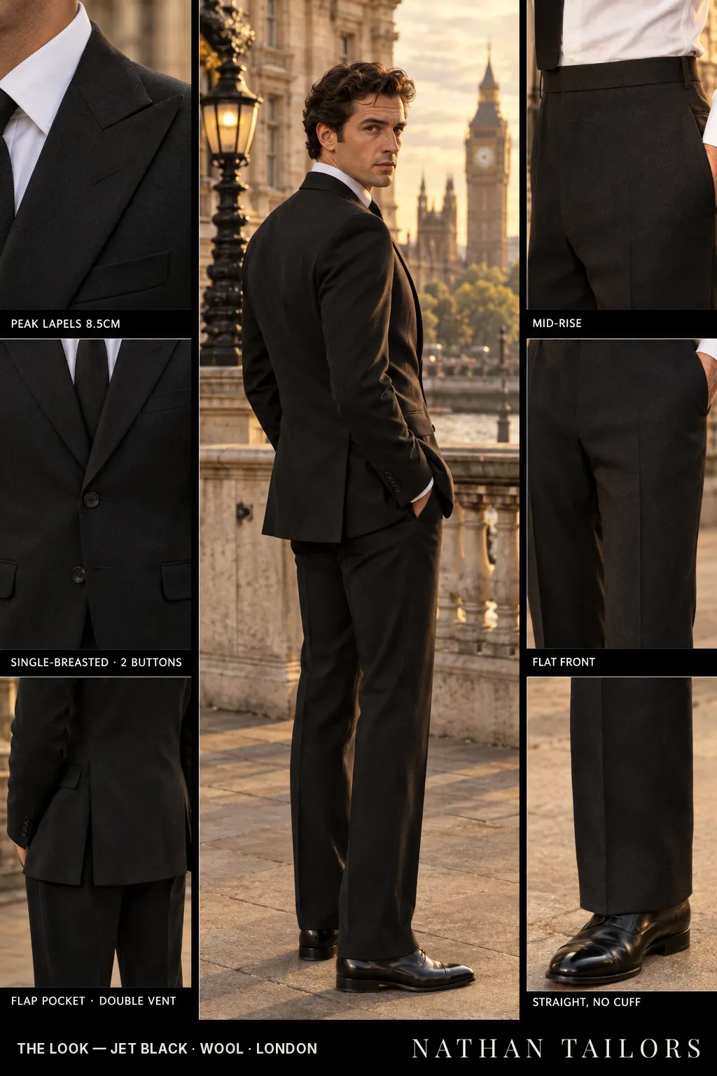 jet black single-breasted bespoke suit — custom tailored by Nathan Tailors, the Hoi An custom tailor