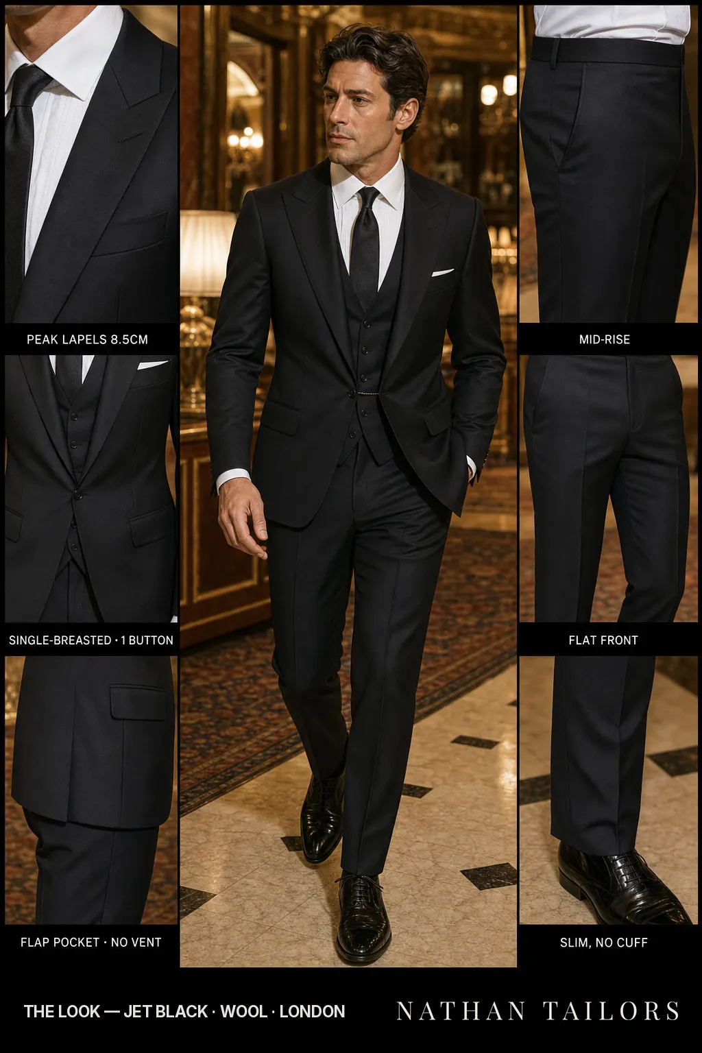 jet black single-breasted peak-lapel bespoke suit — AI-rendered by Nathan Tailors, the Hoi An custom tailor. Available as a custom tailored suit from $149.