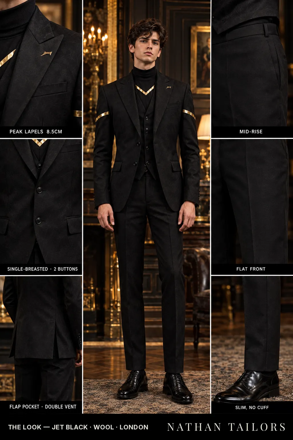 jet black single-breasted bespoke suit โ custom tailored by Nathan Tailors, the Hoi An custom tailor